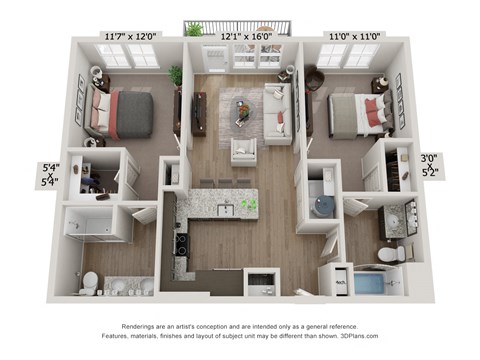 Floor plan for 2 beds, 2 baths, 945 sqft